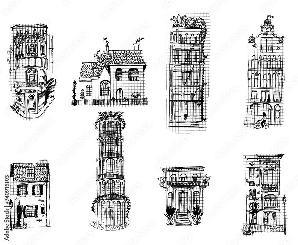 Set of hand drawn buildings, houses. Vector doodle art illustration. 