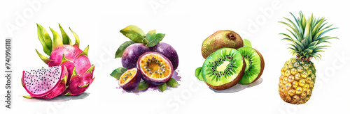 Watercolor exotic kiwi, pinapple, dragon and passion fruits with leaves botanical clip art  Watercolor illustration isolated on white background for menu design, print, social media photo