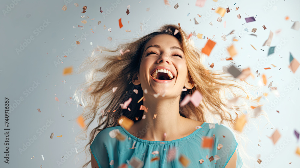 Happy woman with confetti falling isolated on white background Happy woman with confetti falling isolated on white background
