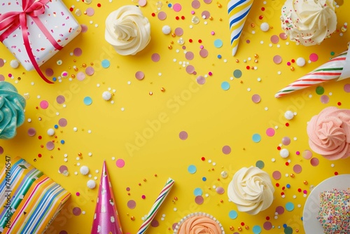 Adorable birthday setup idea. Top view of table adorned with festive embellishments, meringue sweets, wrapped gifts, party hats, pipe, candles, confetti on vivid yellow backdrop. Open area for text