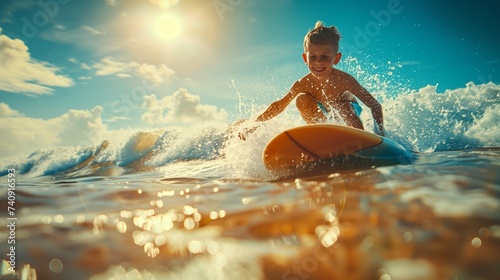 In the bright summer sunshine, young boy is riding a surfboard on the waves.