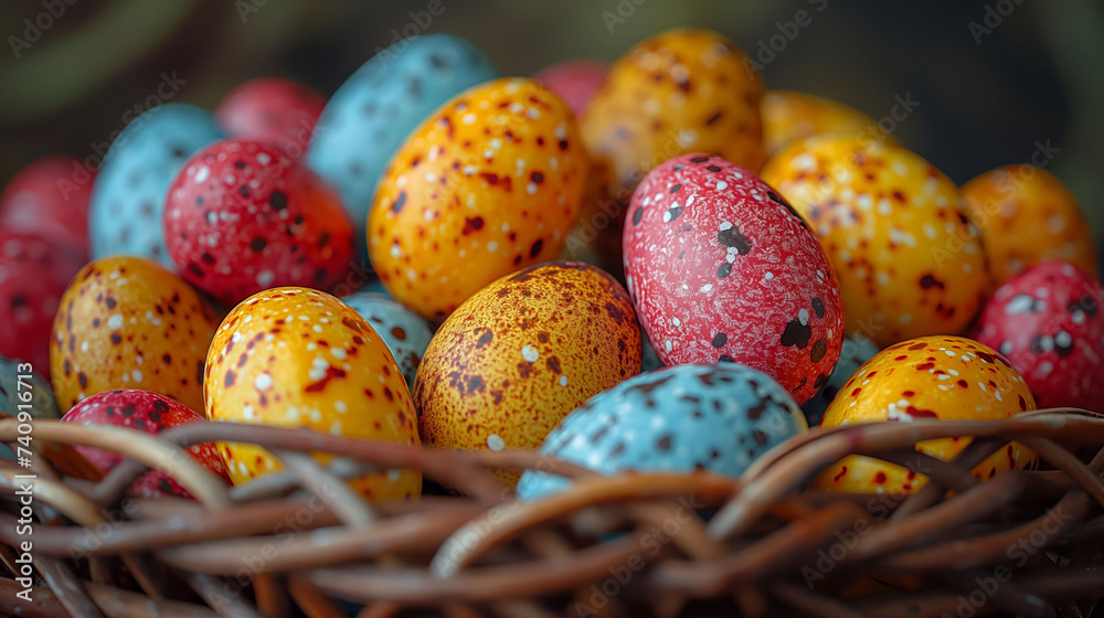 A wicker basket full of colorful handmade Easter chocolate eggs