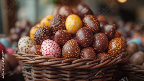 A wicker basket full of colorful handmade Easter chocolate eggs