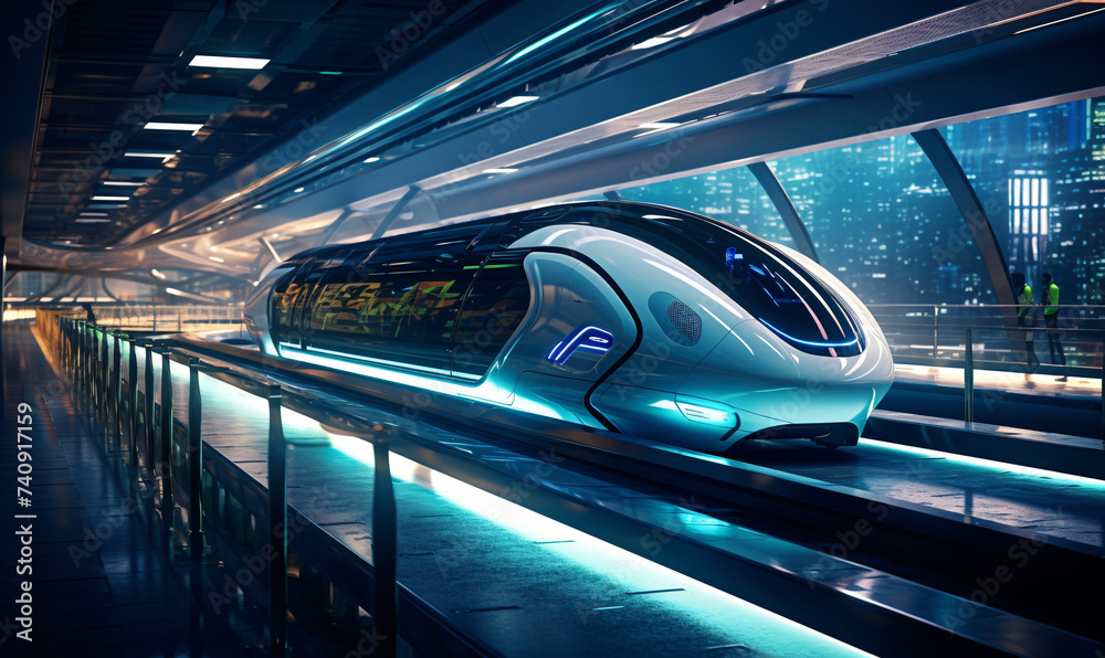 The future technology of high-speed transport. Futuristic bullet train or hyperloop ultrasonic train capsule. The tunnel is located in an urban environment. The future technology of high-speed transport. Futuristic bullet train or hyperloop ultrasonic train capsule. The tunnel is located in an urban environment.