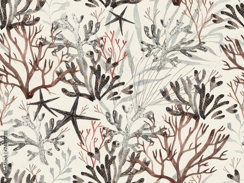 Photography Seamless pattern drawn in watercolor with seaweed, starfish and corals