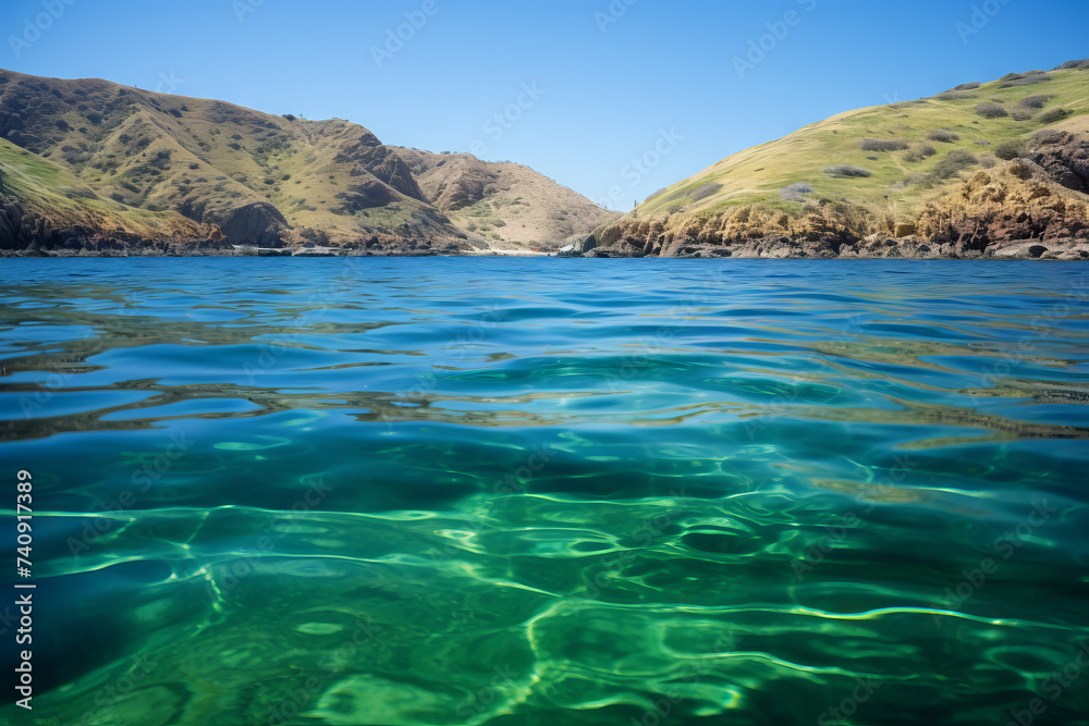 Blue green surface of the ocean in Catalina Island California with gentle ripples on the surface. Generative Ai Blue green surface of the ocean in Catalina Island California with gentle ripples on the surface. Generative Ai