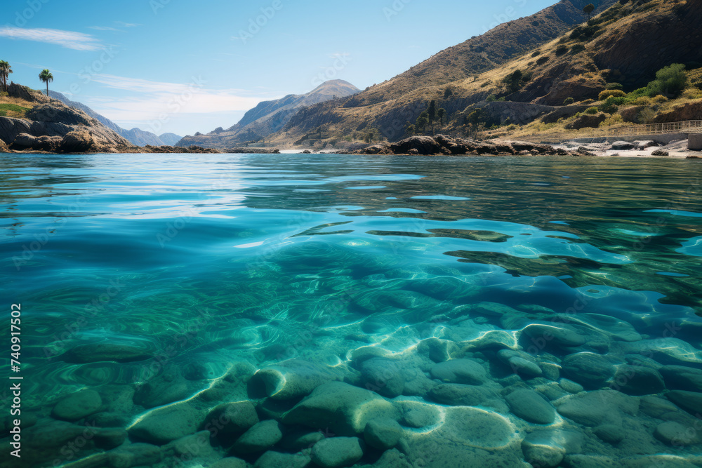 Blue green surface of the ocean in with gentle ripples on the surface and light refracting. Generative Ai Blue green surface of the ocean in with gentle ripples on the surface and light refracting. Generative Ai