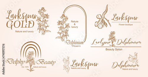 Vector luxury logo design set, trendy linear style with Larkspur flower. Golden line art Delphinium logotypes on neutral pink beige background for beauty, florist emblem, jewelry, cosmetic packaging. photo