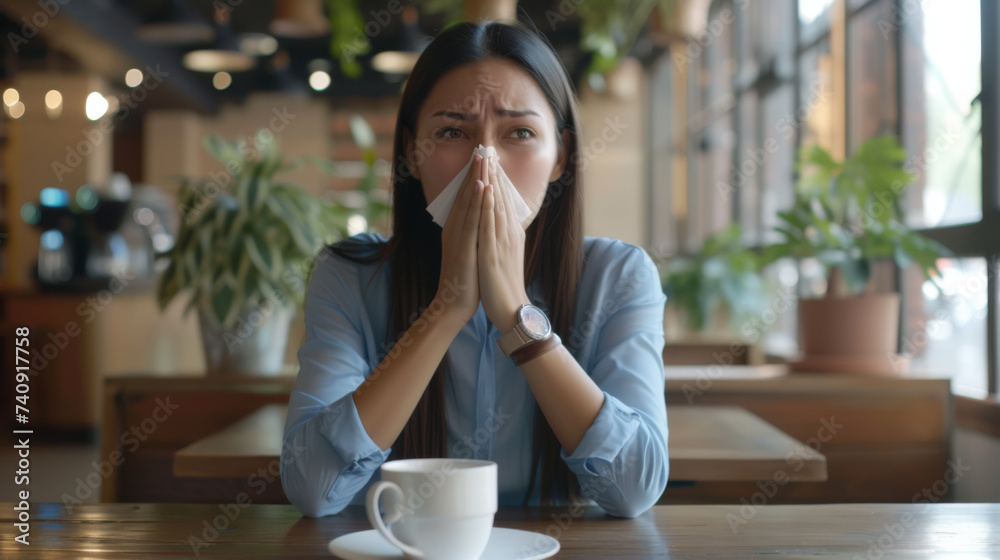 woman is sitting at a table in a cafe, blowing her nose with a tissue, looking distressed, possibly suffering from a cold or allergies. woman is sitting at a table in a cafe, blowing her nose with a tissue, looking distressed, possibly suffering from a cold or allergies.