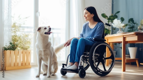 Girl in wheelchair is playing with dog on wooden floor