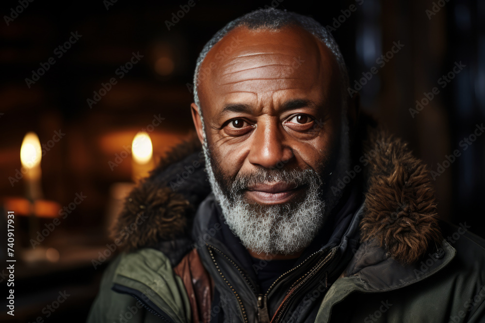 Close-up portrait of bald and bearded african american senior man in log cabin. Generative Ai