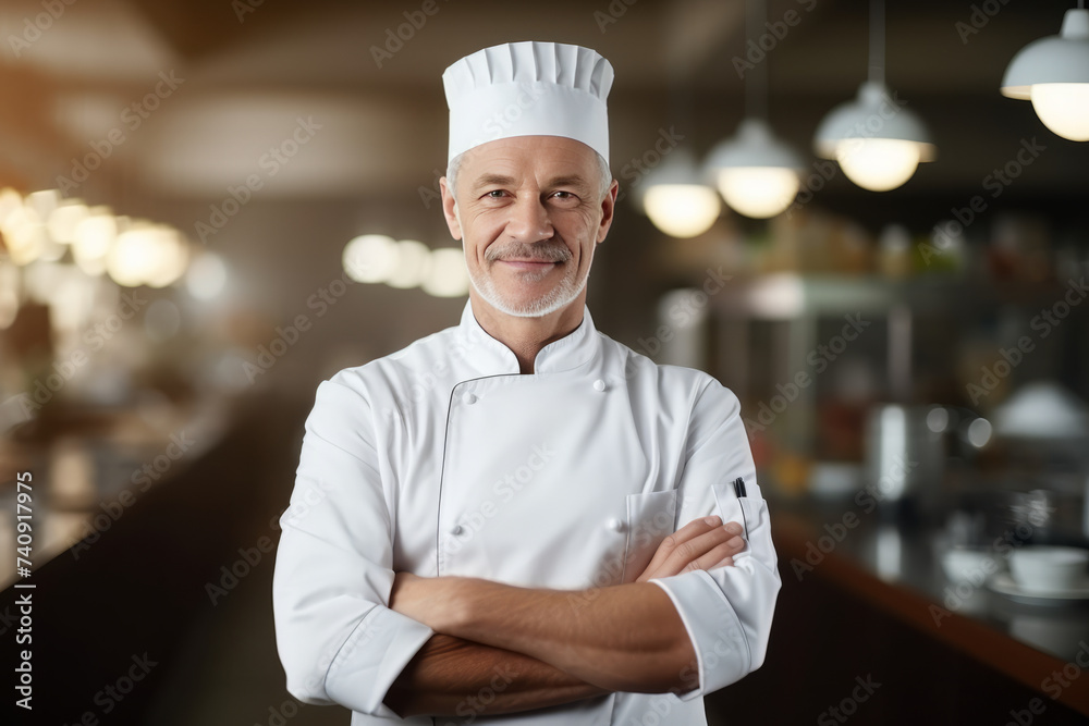 Confident middle-aged man in chefs uniform. Generative Ai