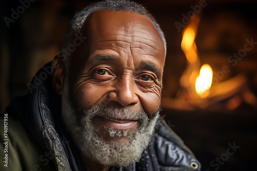 Close-up portrait of bald and bearded african american senior man in log cabin. Generative Ai