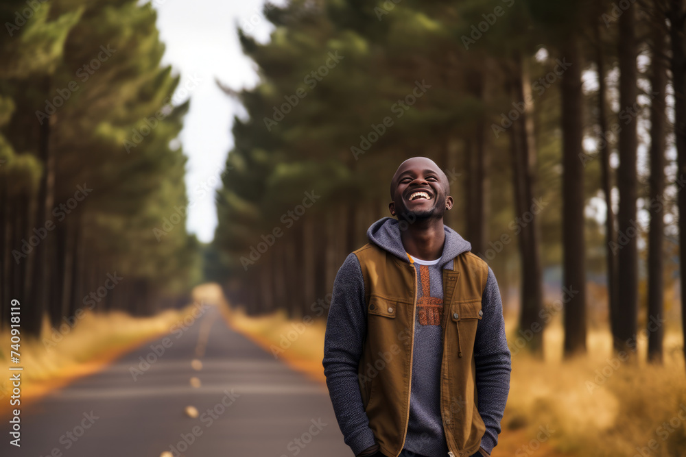 Happy man standing on road in front of trees. Generative AI Happy man standing on road in front of trees. Generative AI