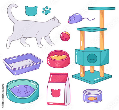 Cat accessories, litter box, bed, tree,meal, food, toys illustrations. Pet objects, set of vector drawings