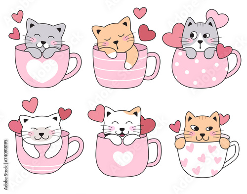 Cute cats, kittens in tea, coffee cups, mugs with hearts. Sleeping, hiding, happy, love pets. Set of simple love cartoon drawings.