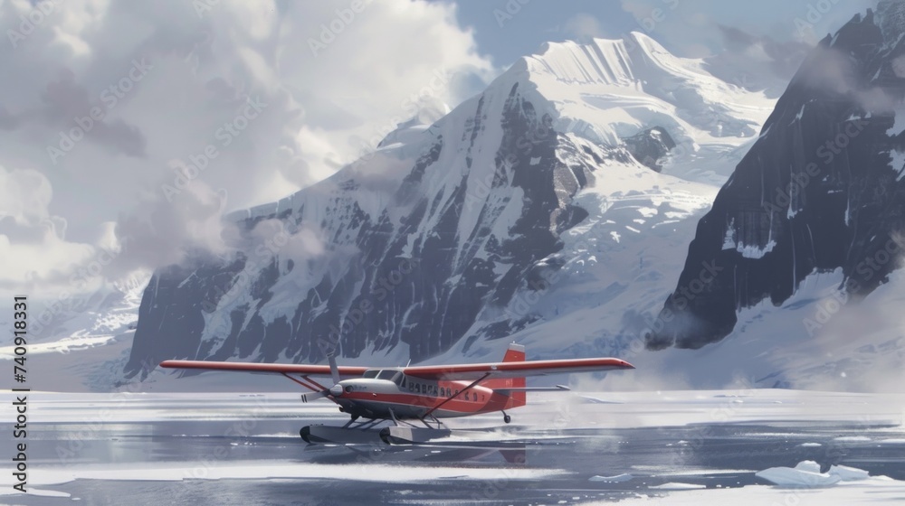 Small single engine airplane sits on an ice landing strip on sunny winter day Small single engine airplane sits on an ice landing strip on sunny winter day