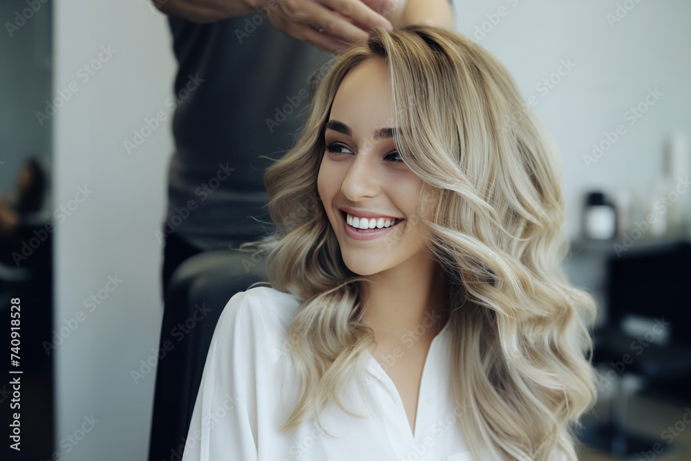 Naklejka premium Portrait of a beautiful young woman with long blond hair in a beauty salon