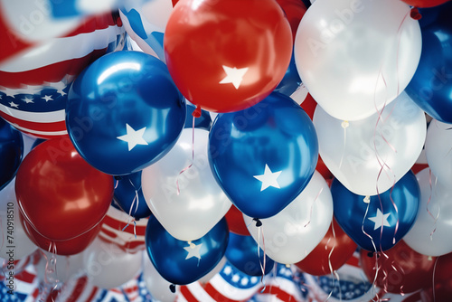 American flag. Red, white, and blue balloons. Celebration Indendence Day. USA Holiday. Presidential Elections. photo