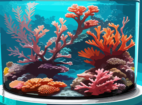 Underwater scene of sea floor with corals and seaweed. Vector cartoon illustration of ocean bottom landscape with stones and tropical undersea animals and plants.