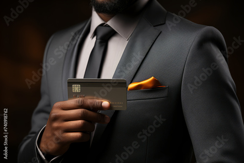 Professional black man puts his platinum credit card into his pocket in a studio. Generative Ai photo
