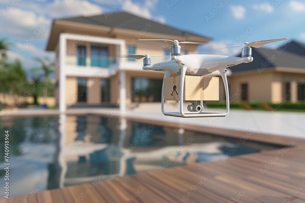 Obraz premium Smart package Drone Delivery smart curtains. Box shipping digital healthcare parcel next day delivery transportation. Logistic tech drone freight solution mobility shipping