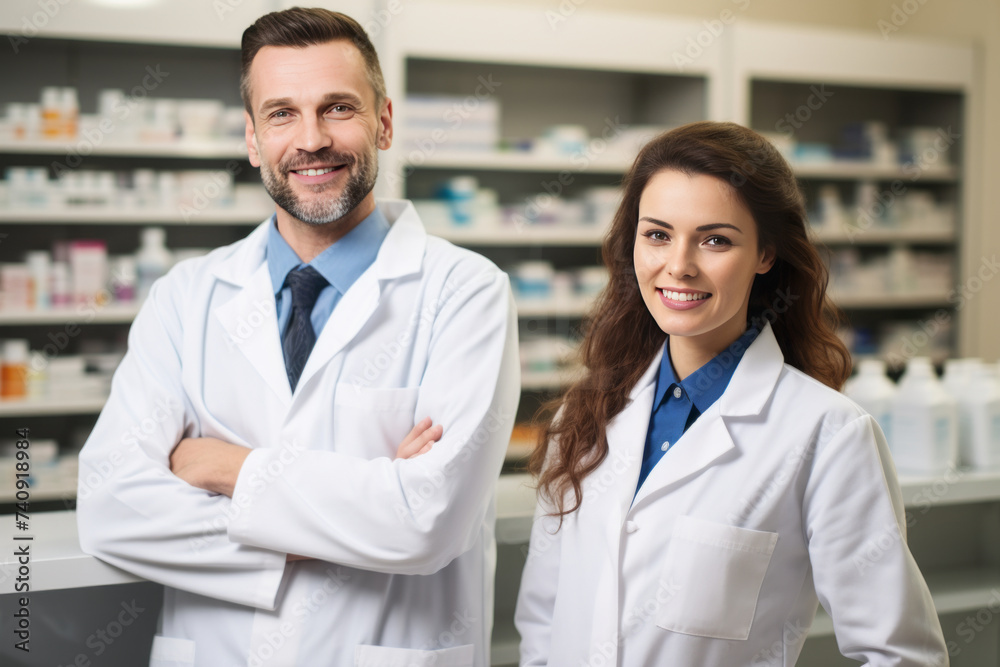 Smiling pharmacists working at cabinet in pharmacy. Generative Ai Smiling pharmacists working at cabinet in pharmacy. Generative Ai