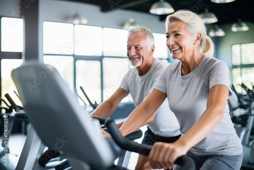Smiling senior man riding a stationary bike during a workout session with his wife in a gym. Generative Ai