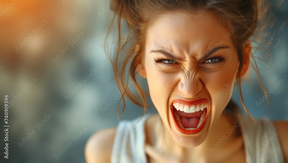Screaming young woman on blurred background, closeup. Domestic violence concept Screaming young woman on blurred background, closeup. Domestic violence concept