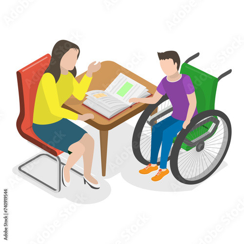 3D Isometric Flat Vector Illustration of Special Teaching, Tutoring for Dsabled Students. Item 2
