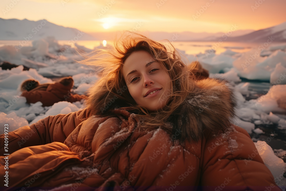 Travel winter Lake Baikal, happy joy woman tourist lie on ice sunset. Generative Ai Travel winter Lake Baikal, happy joy woman tourist lie on ice sunset. Generative Ai