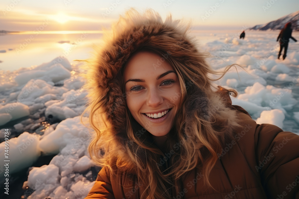 Travel winter Lake Baikal, happy joy woman tourist lie on ice sunset. Generative Ai