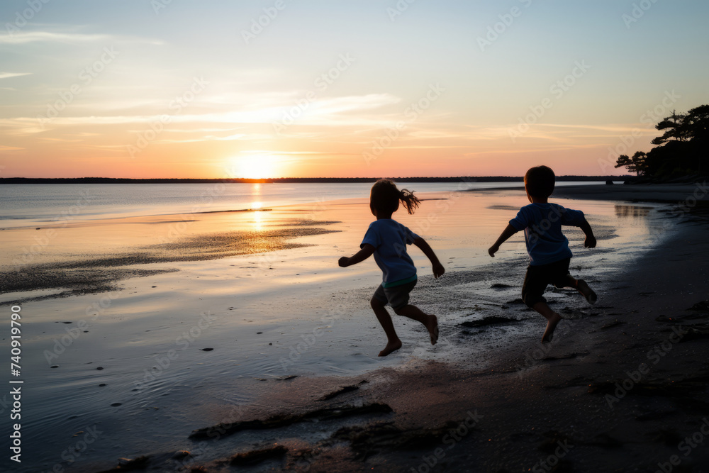 Two children running toward the water at a beach at dusk. Generative Ai