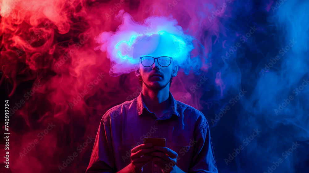 man in neon light thoughts glow in smoke with glasses in hand a cell phone