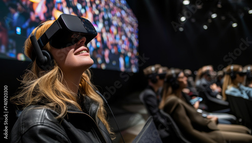 Woman enjoys virtual reality experience in auditorium