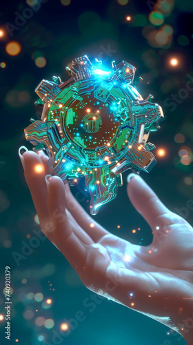 Human hand holding a metallic gear with integrated circuits  symbolizing AI  gear detailed with blue and green circuits and microchips  modern and smooth design  technological color scheme with metall