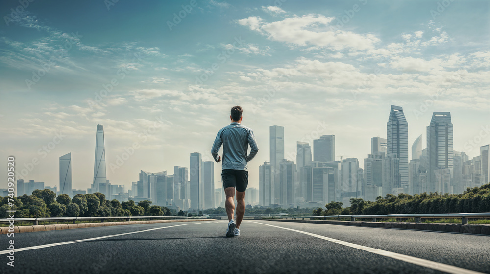 Young Adult Male Runner Jogging on a Clear Day Towards a Modern Cityscape, Symbolizing Goals and Personal Growth. Young Adult Male Runner Jogging on a Clear Day Towards a Modern Cityscape, Symbolizing Goals and Personal Growth.