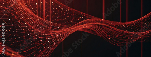 Cybernetic aesthetics - Abstract red background with a captivating wave of dots and weave lines, suitable for themes like network security and data transfer.