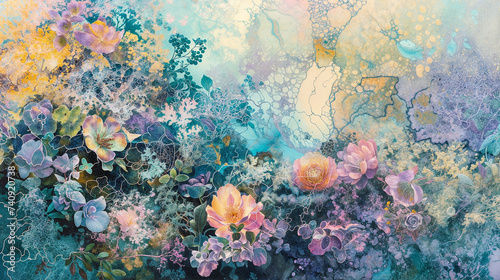 Vibrant Abstract Art Depicting Ethereal Blooms and Delicate Lacey Patterns, Blending Natural and Surreal Elements.