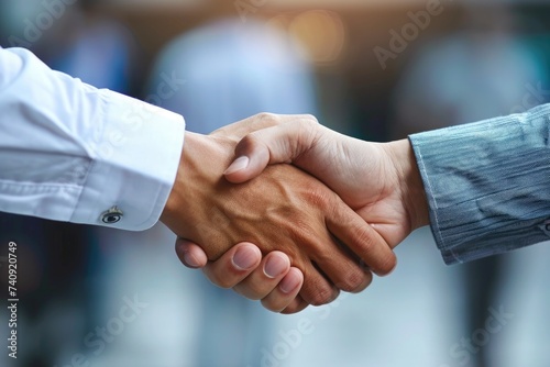A close-up photo capturing the moment when two individuals shake hands during a professional business meeting, Hands shaking after a successful business deal, AI Generated