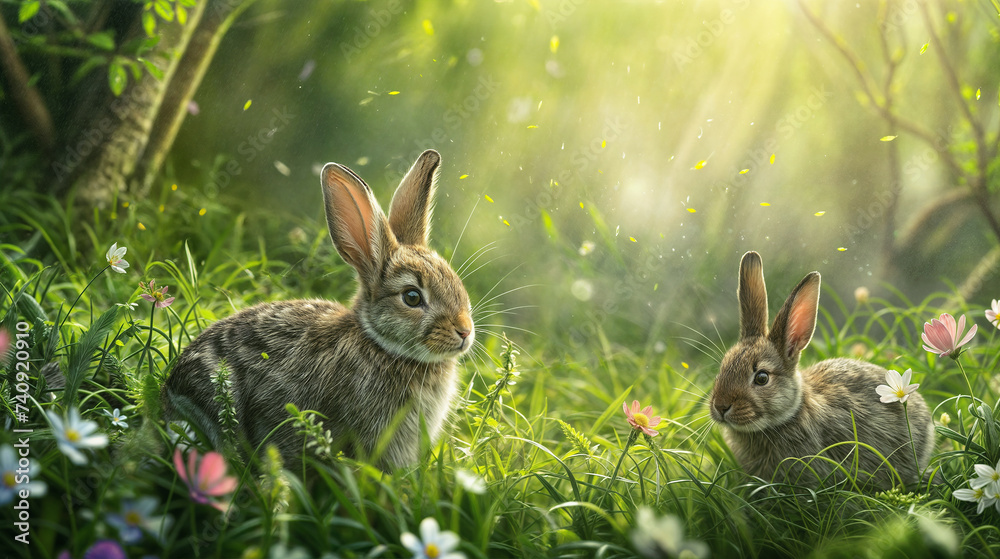 Obraz premium Two Serene Rabbits Enjoying a Peaceful Moment in a Lush Spring Meadow, Illuminated by Sunlight Filtering Through Trees.