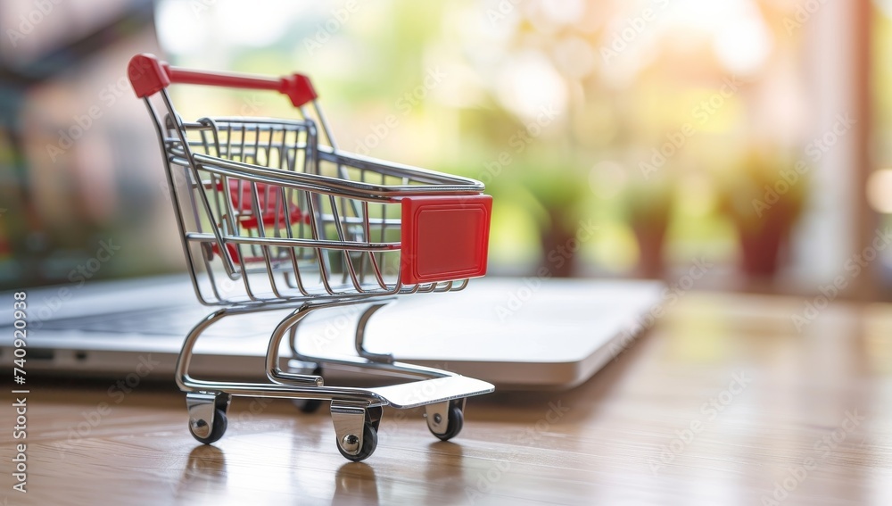 Shopping cart and laptop on wooden table, online shopping concept. Shopping cart and laptop on wooden table, online shopping concept.