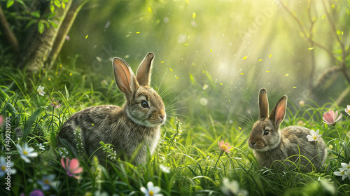 Two Serene Rabbits Enjoying a Peaceful Moment in a Lush Spring Meadow, Illuminated by Sunlight Filtering Through Trees.