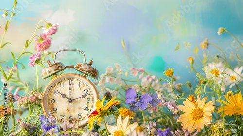 Vintage alarm clock surrounded by spring flower arrangements