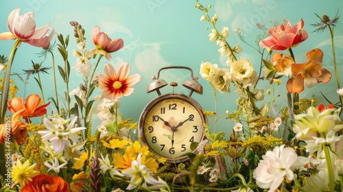 Vintage alarm clock surrounded by vibrant spring flower arrangements on a calming pastel background photo