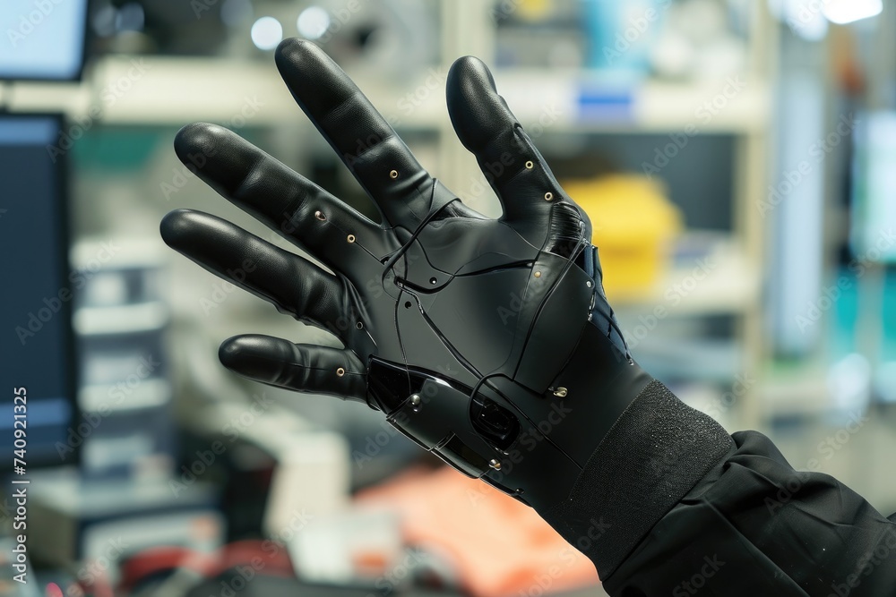 A gloved hand with wires attached to a medical monitoring device ...