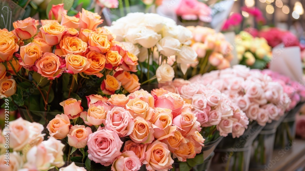A variety of roses in various shades of pink, peach and white, beautifully arranged in vases at a bright flower market
