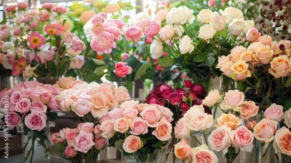Assorted roses beautifully arranged in vases at a bright flower market
