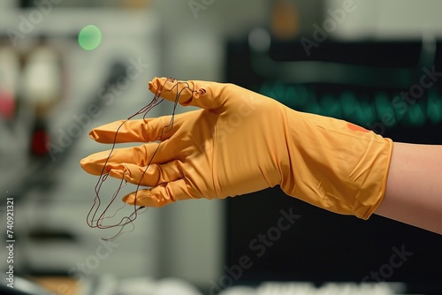 A person wearing yellow gloves is seen holding wires tightly in their hand, Haptic glove used in a telemedicine examination, AI Generated photo