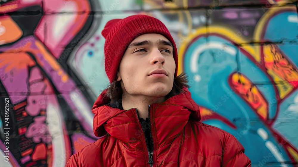 Close up of a young man standing confidently wearing a beanie and red jacket on an urban street graffiti background